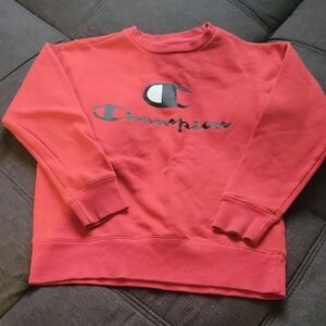 Champion Coral-Red Crewneck Sweatshirt with Black & White Logo